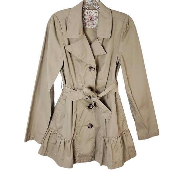 Decree Jackets & Blazers - Decree Ruffled Belted Trench Coat Khaki Button Front Preppy Jacket Size Small